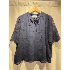 LOFT Navy Blue Clip Dot Eyelet Flutter Sleeve Tie Neck Blouse Size L Womens